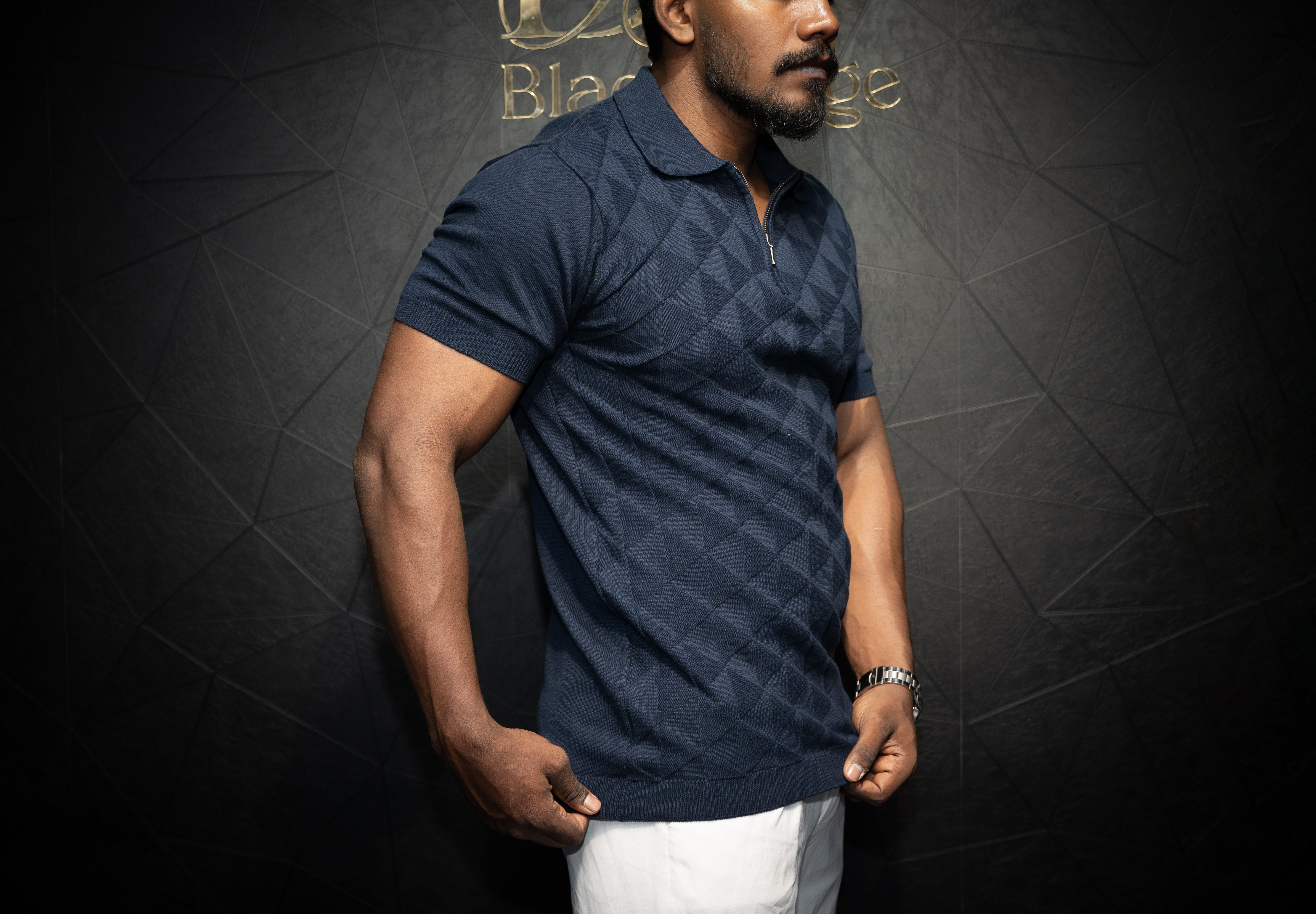 Premium Textured Polo T shirt with Zip | Pure cotton | Half sleeve | Navy Blue