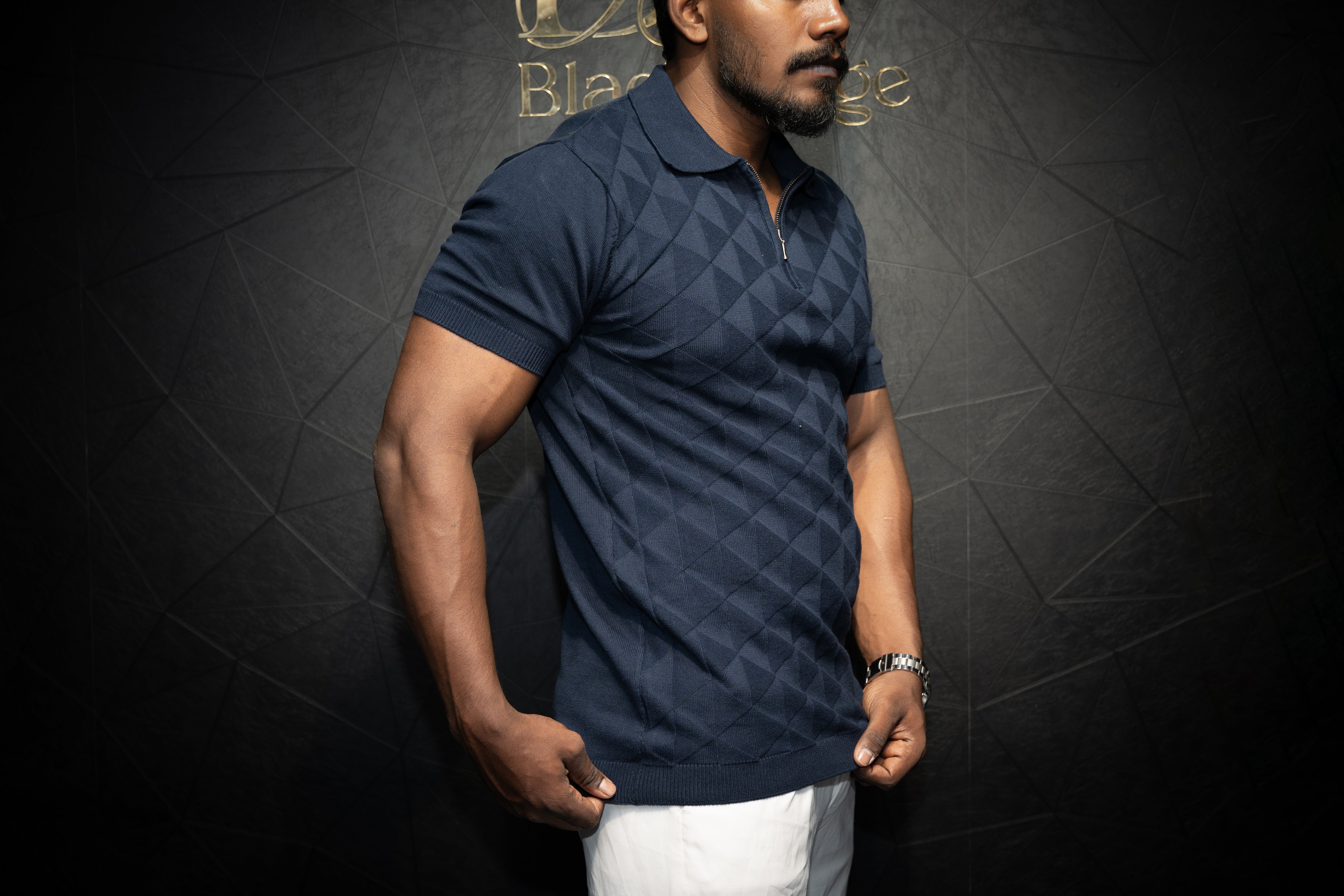 Premium Textured Polo T shirt with Zip | Pure cotton | Half sleeve | Navy Blue