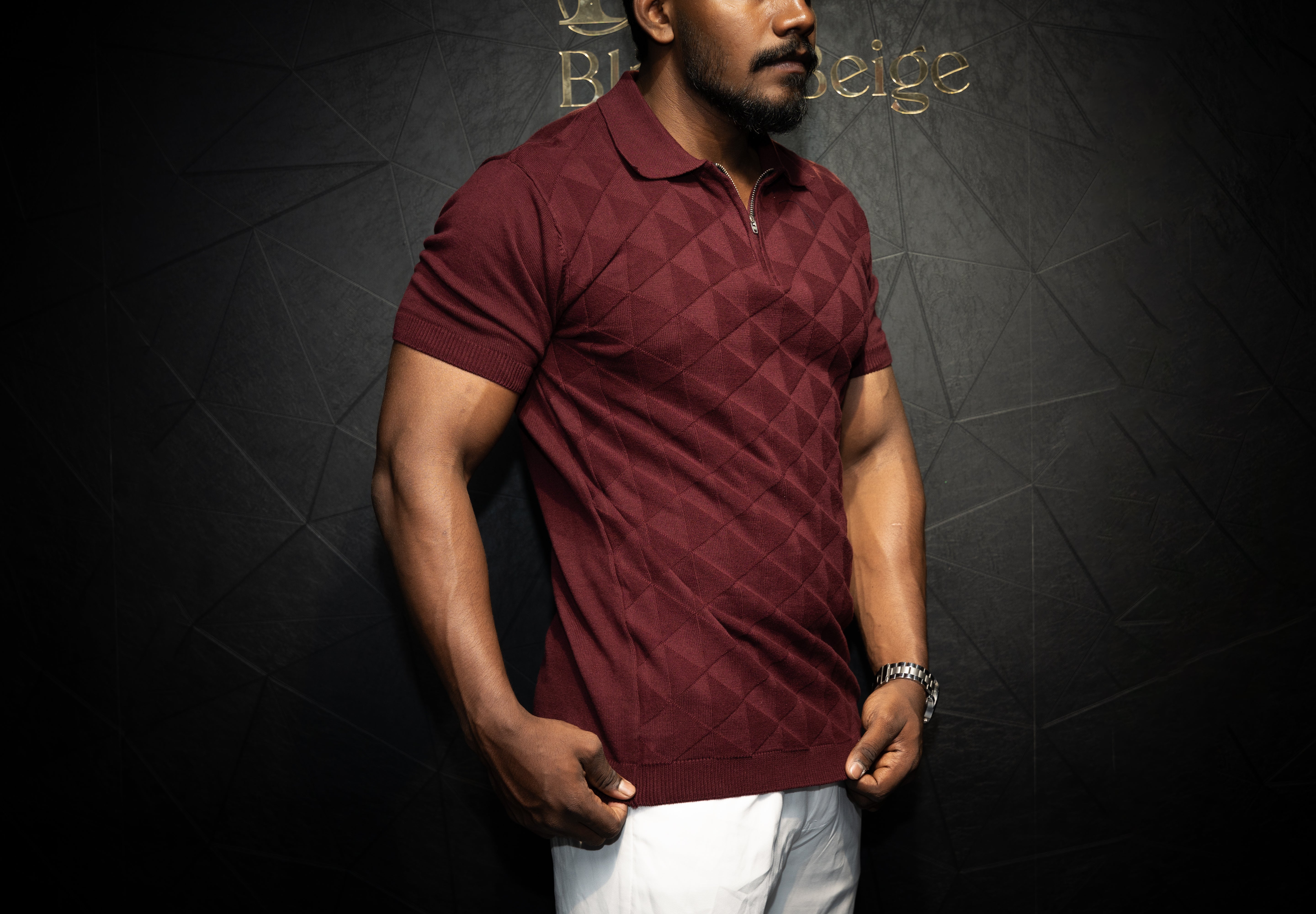 Premium Textured Polo T shirt with Zip | Pure cotton | Half sleeve | Maroon