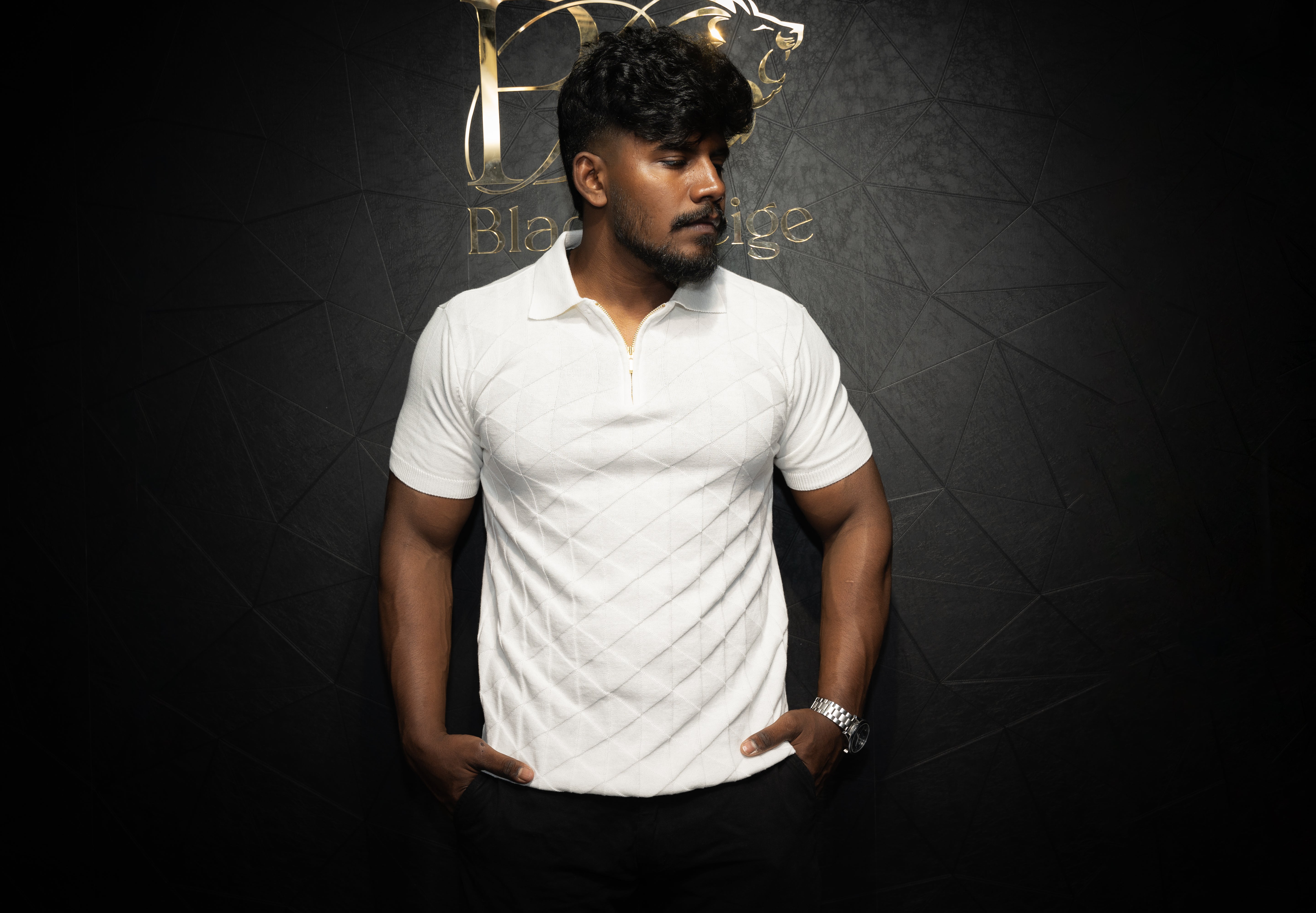 Premium Textured Polo T shirt with Zip | Pure cotton | Half sleeve | White