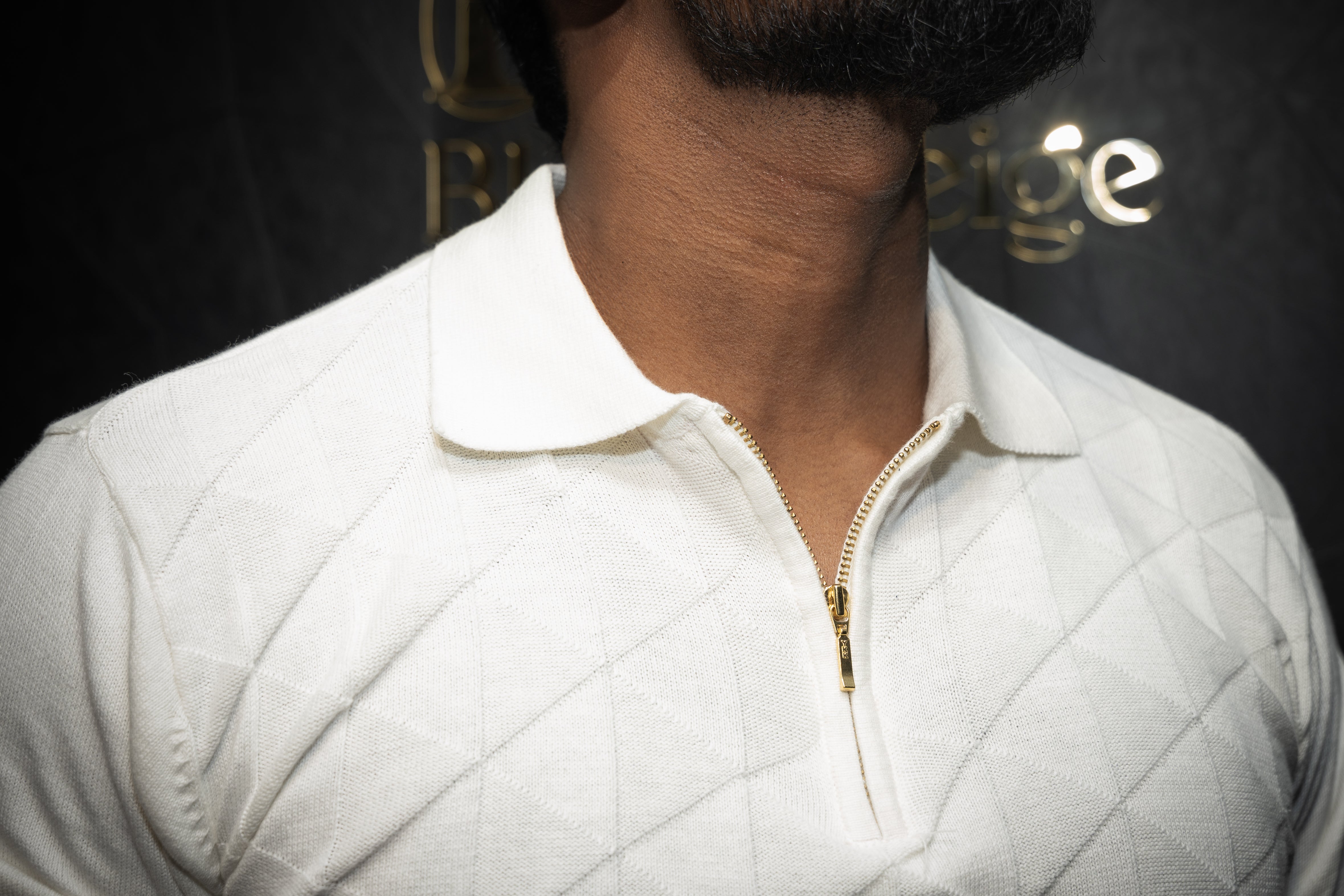 Premium Textured Polo T shirt with Zip | Pure cotton | Half sleeve | White