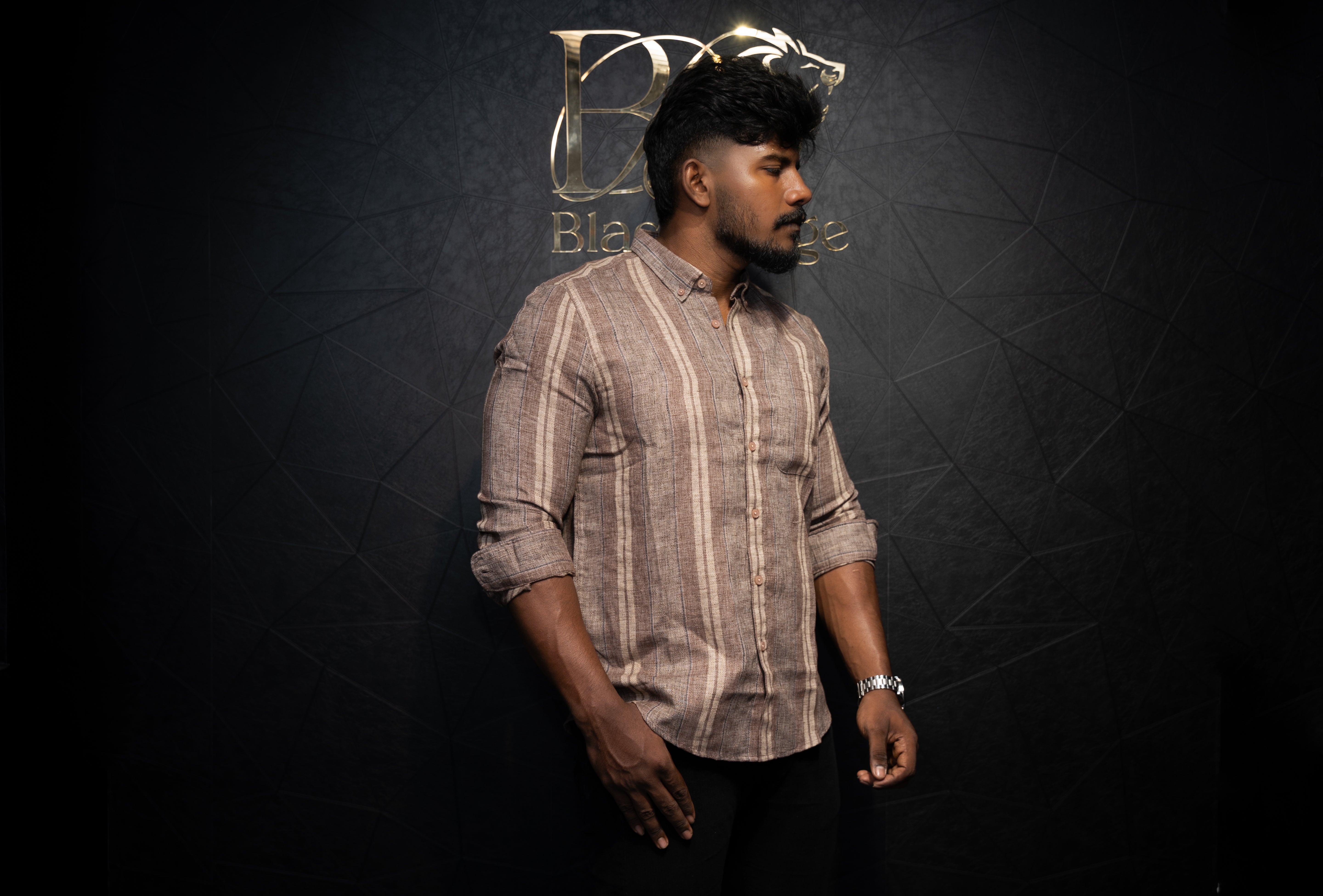 Premium Men's Casual Jute fabric shirt | Strips | Full Sleeve | Brown