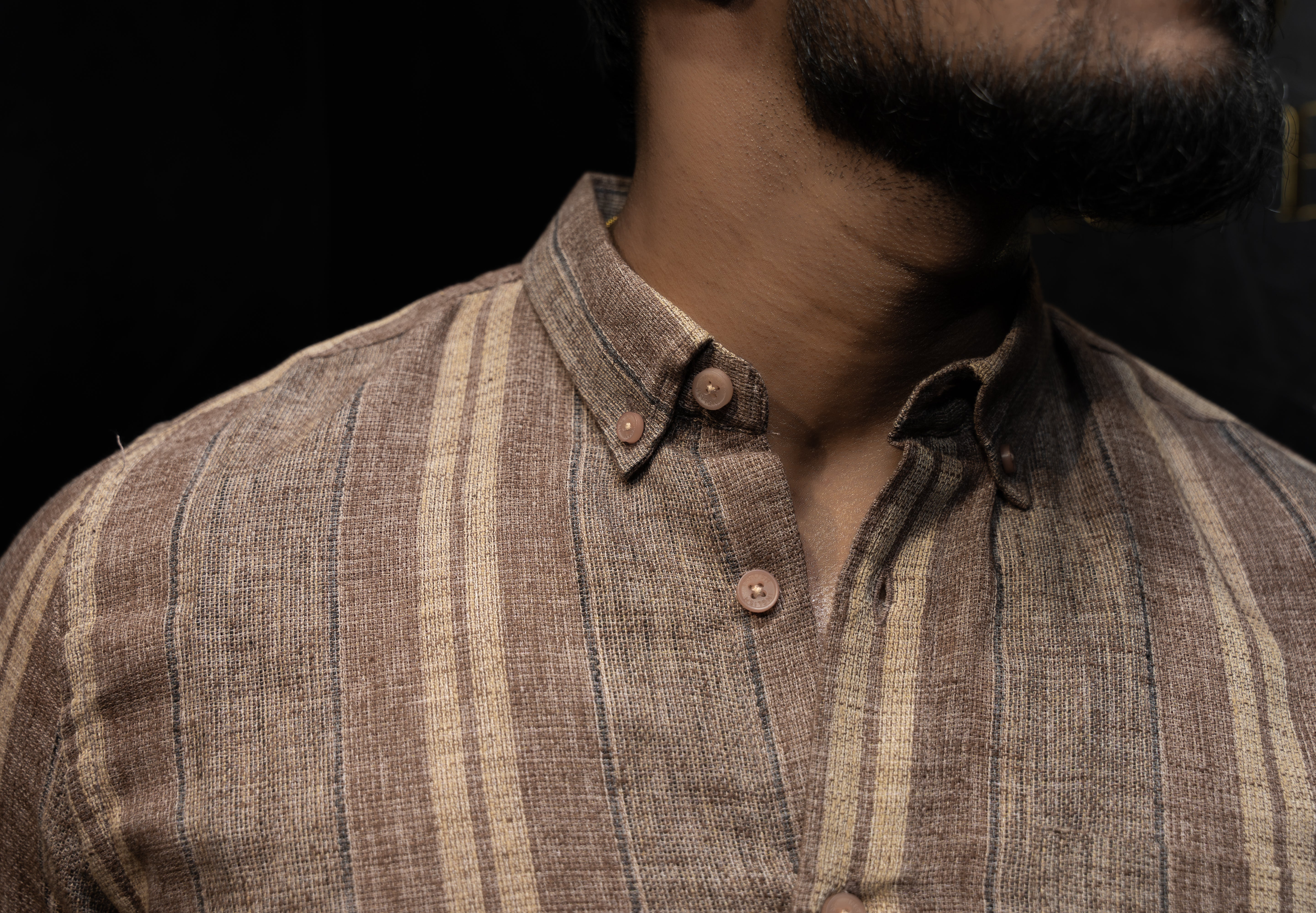 Premium Men's Casual Jute fabric shirt | Strips | Full Sleeve | Brown