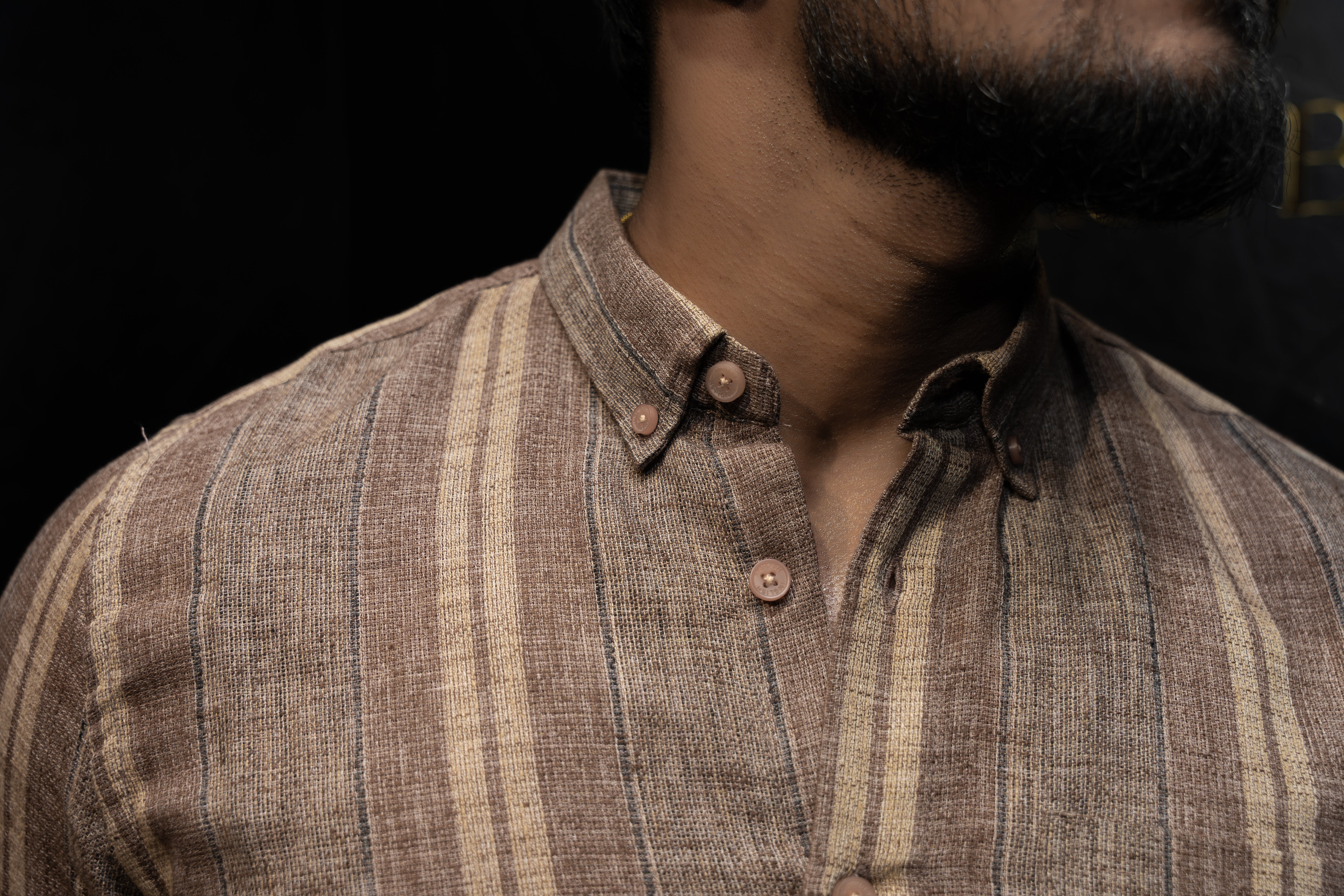 Premium Men's Casual Jute fabric shirt | Strips | Full Sleeve | Brown