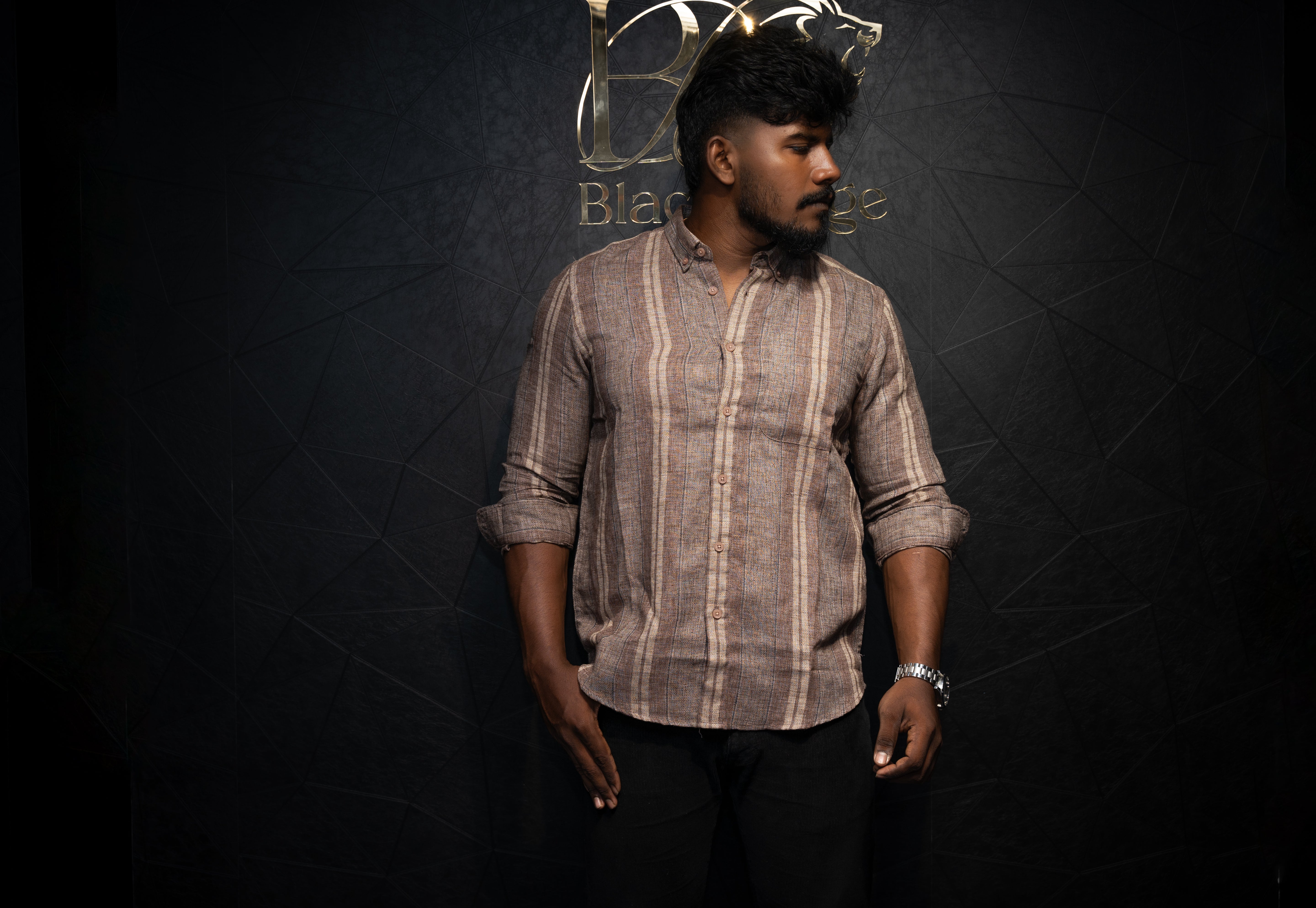 Premium Men's Casual Jute fabric shirt | Strips | Full Sleeve | Brown