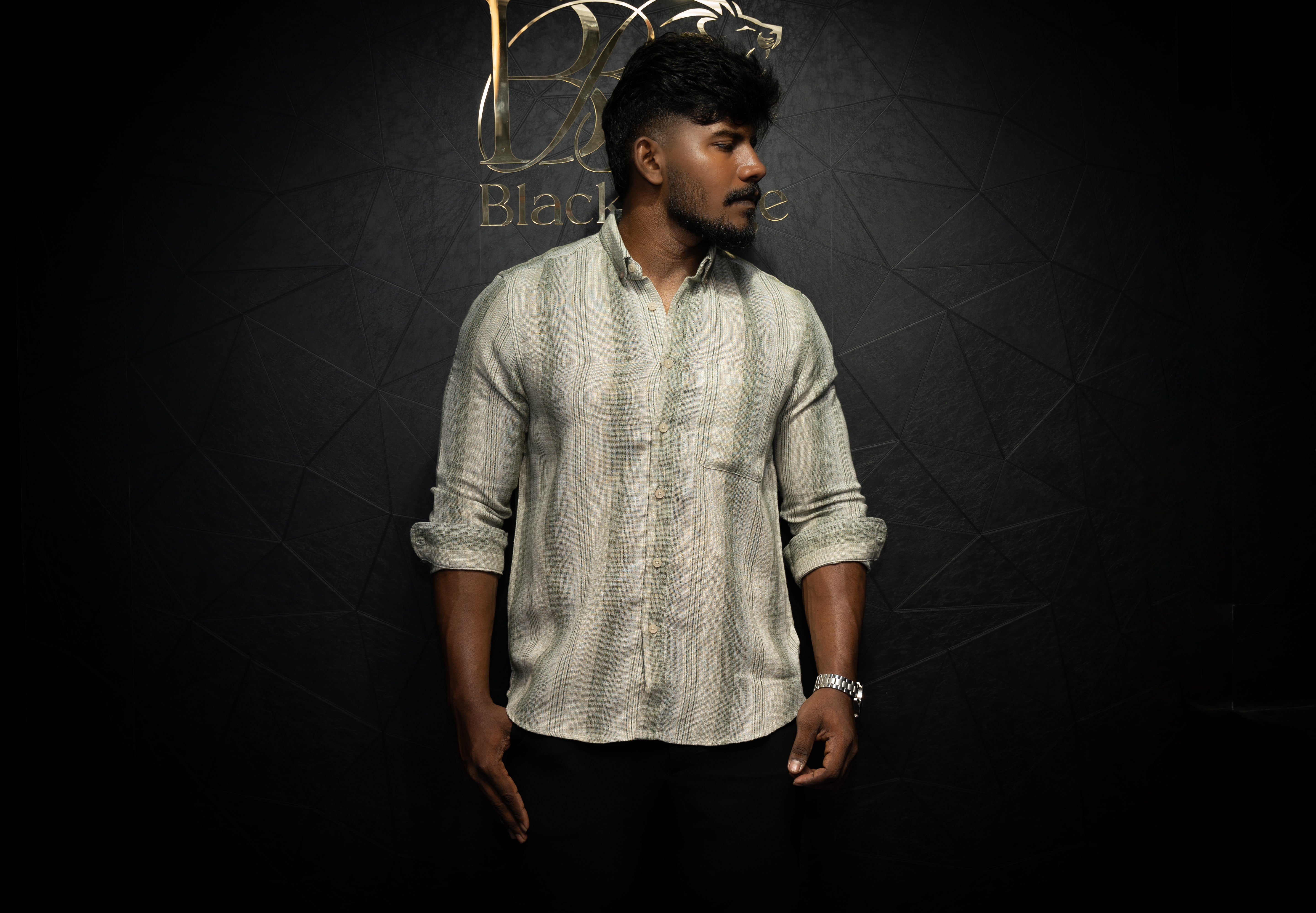 Premium Men's Casual Jute fabric shirt | Strips | Full Sleeve | Light Green | Chinese collar