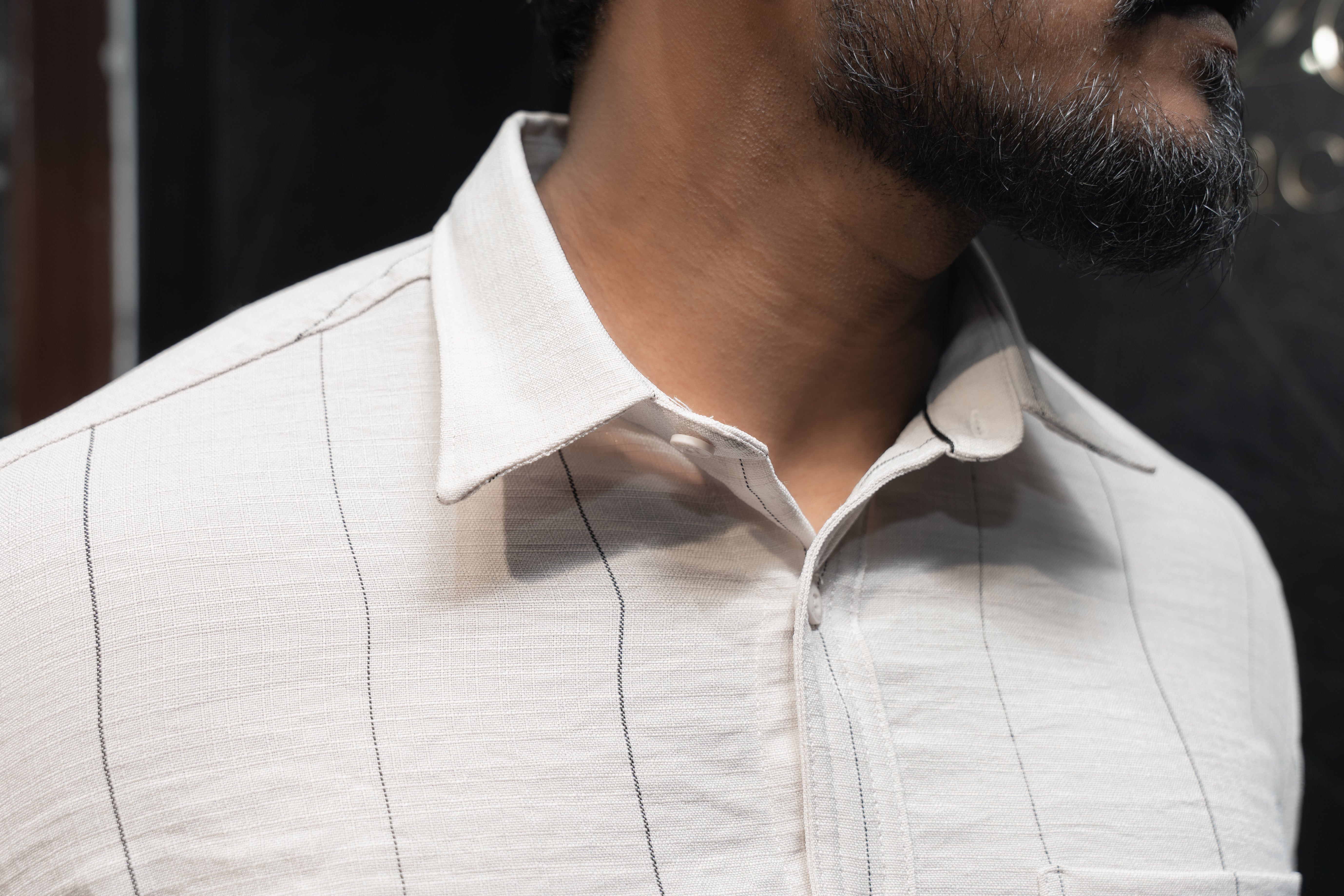 Premium Men's Linen Casual Shirt | Strips | Full Sleeve | Half White