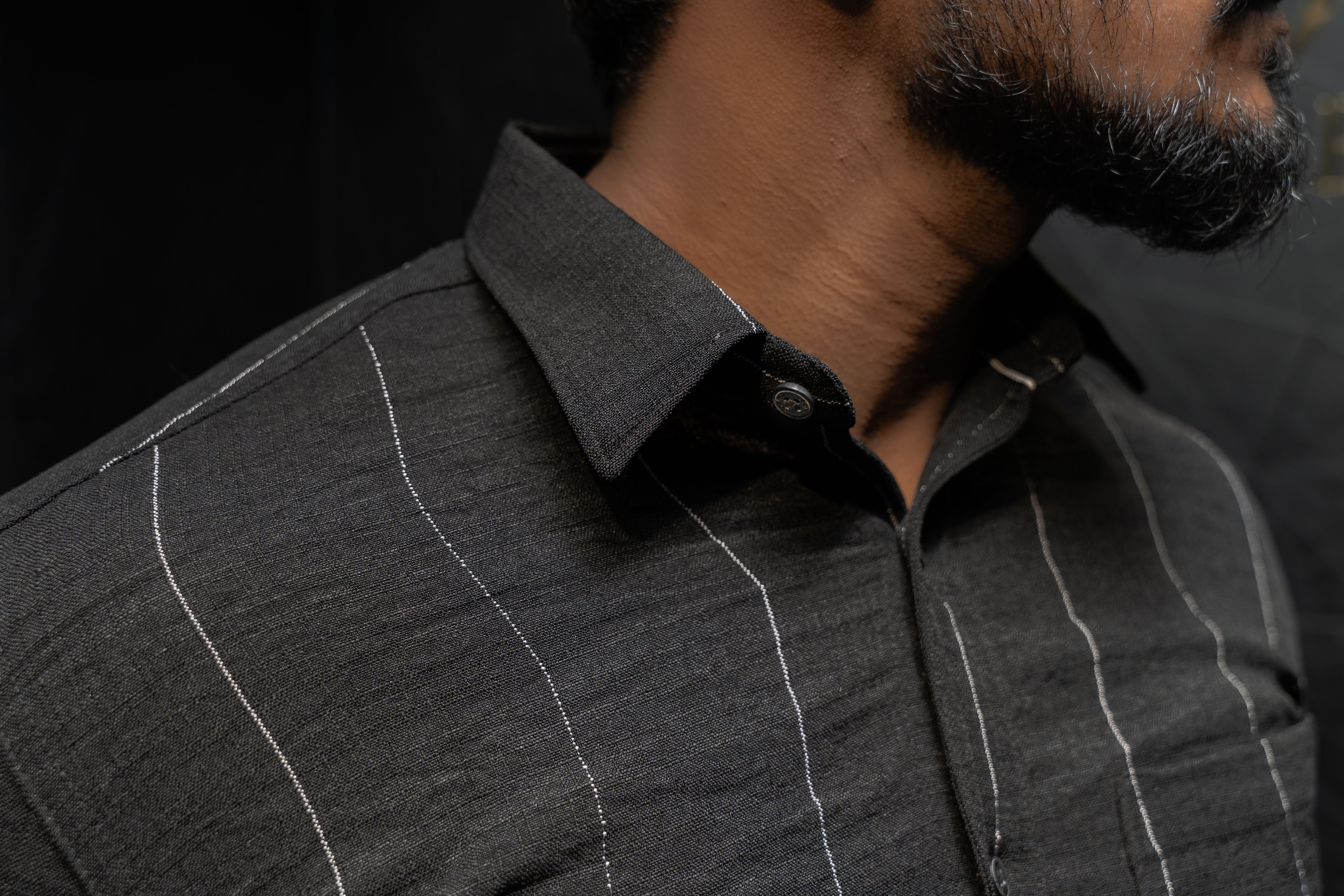 Premium Men's Linen Casual Shirt | Strips | Full Sleeve | Black