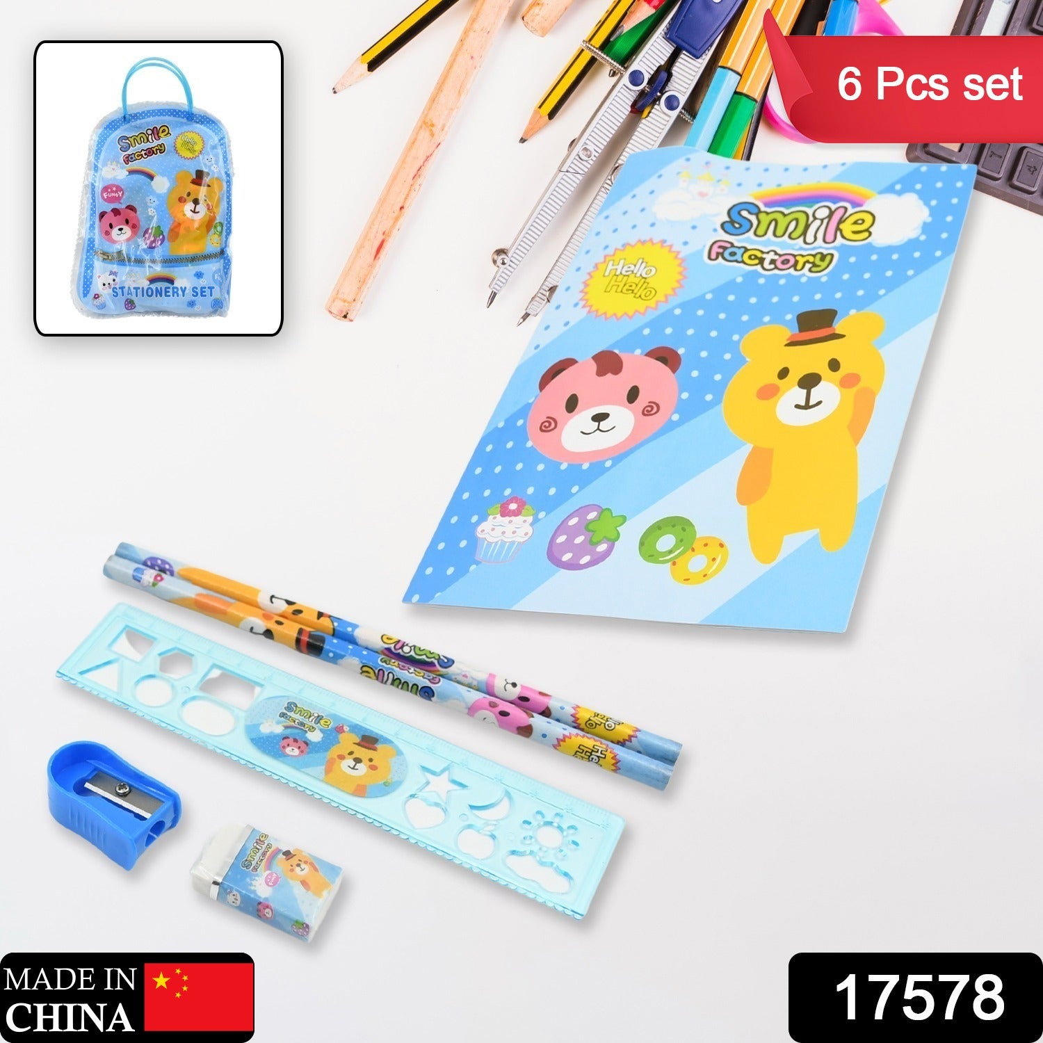 Stationery Kit For Kids - Stationery Set Includes Wooden Pencil Sharpener Pencil And Eraser Set Birthday Return Gift For Kids Boys Girls 2 Pencil 1 Scale 1 Notebook1 Sharpener 1 Eraser  With Zip Bag (6 Pcs Set)