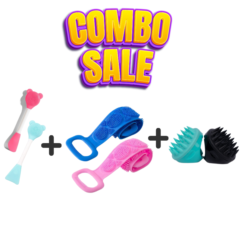 3-in-1 Grooming Combo – Body Bath Scrubber, Silicone Face Scrubber & Head Massager (Pack of 3, Colors May Vary)