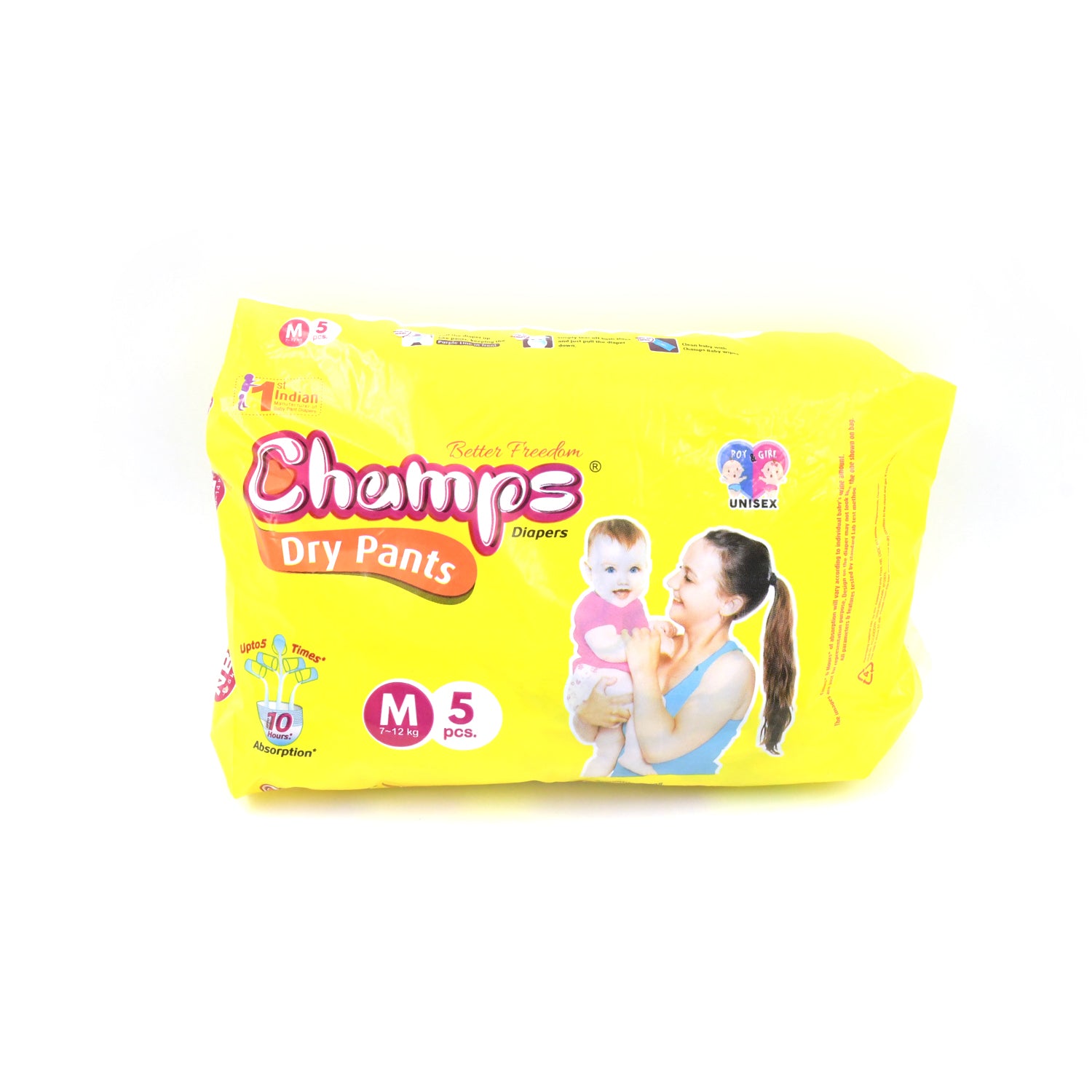 Medium Champs Dry Pants Style Diaper- Medium (5 Pcs) Best For Travel  Absorption Champs Baby Diapers Champs Soft And Dry Baby Diaper Pants (M 5 Pcs )