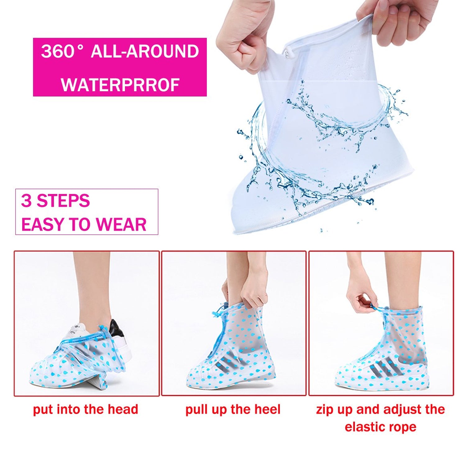 Plastic Shoes Cover Reusable Anti-slip Boots Zippered Overshoes Covers Pink Transparent Waterproof Snow Rain Boots For Kidsadult Shoes For Rainy Season (L Size1 Pairs)