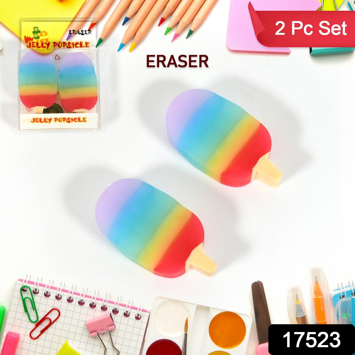 Jelly Popsicle Shape Fancy  Stylish Erasers Mini Eraser Creative Cute Novelty Eraser For Children Eraser Set For Return Gift Birthday Party School Prize (2 Pc Set)
